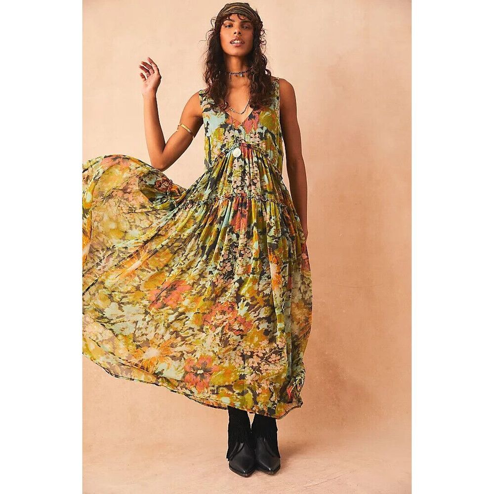 Free People Julianna Maxi Dress Green Misty Combo XS NEW - Picture 2 of 5